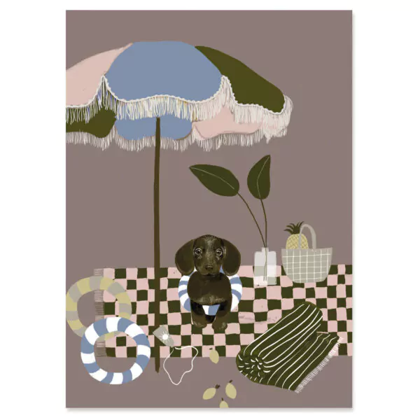 Summer-sausage-dog-postcard-nuukk-sommerdackel-sunshade-blanket-picknickdecke-karo-schwimmreifen